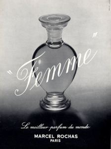 Femme Rochas ad showing original Lalique bottle.