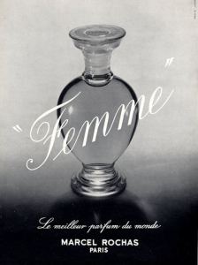 Femme Rochas ad showing original Lalique bottle.